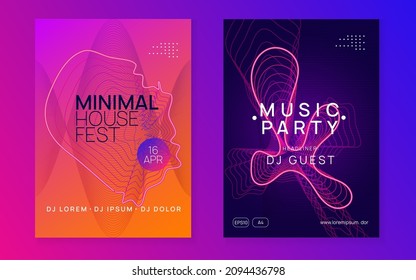 Club flyer. Dynamic fluid shape and line. Energy discotheque magazine set. Neon club flyer. Electro dance music. Trance party dj. Electronic sound fest. Techno event poster.