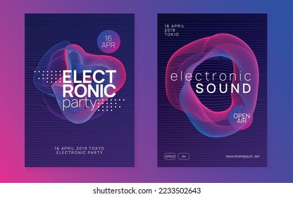 Club flyer. Dynamic fluid shape and line. Trendy concert invitation set. Neon club flyer. Electro dance music. Trance party dj. Electronic sound fest. Techno event poster.
