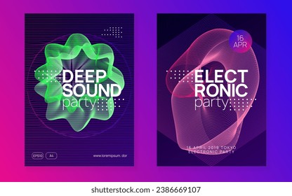 Club flyer. Dynamic fluid shape and line. Curvy concert banner set. Neon club flyer. Electro dance music. Trance party dj. Electronic sound fest. Techno event poster.