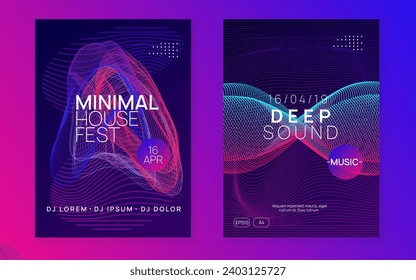 Club flyer. Dynamic fluid shape and line. Wavy discotheque magazine set. Neon club flyer. Electro dance music. Trance party dj. Electronic sound fest. Techno event poster.