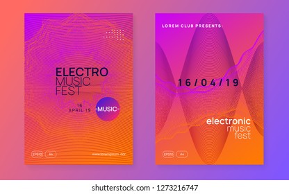Club flyer. Dynamic gradient shape and line. Geometric show magazine set. Neon club flyer. Electro dance music. Trance party dj. Electronic sound fest. Techno event poster.