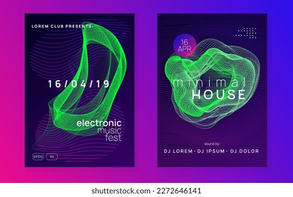 Volante del club. Forma y línea de degradado dinámico. Juego de folletos para espectáculos digitales. Volante de Neon Club. Música de baile de moda. Fiesta de Trance dj. Festival de sonido electrónico. Afiche del evento Techno.