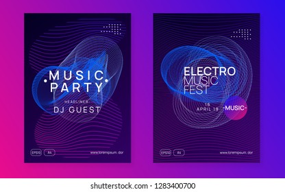 Club flyer. Futuristic discotheque magazine set. Dynamic gradient shape and line. Neon club flyer. Electro dance music. Trance party dj. Electronic sound fest. Techno event poster.
