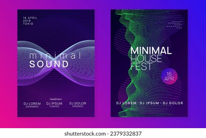Club flyer. Minimal discotheque magazine set. Dynamic fluid shape and line. Neon club flyer. Electro dance music. Trance party dj. Electronic sound fest. Techno event poster.