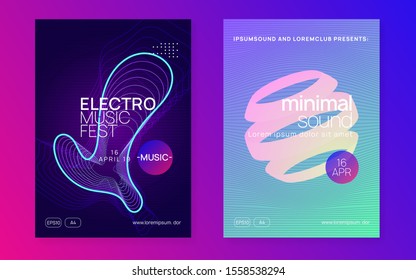 Club flyer. Minimal show magazine set. Dynamic fluid shape and line. Neon club flyer. Electro dance music. Trance party dj. Electronic sound fest. Techno event poster.