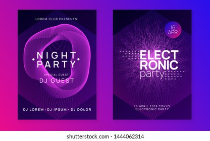 Club flyer. Trendy discotheque invitation set. Dynamic fluid shape and line. Neon club flyer. Electro dance music. Trance party dj. Electronic sound fest. Techno event poster.