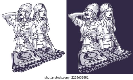 Club Girls DJ element monochrome mixing console for nightclub or disco and hot girlfriends in party clothes vector illustration