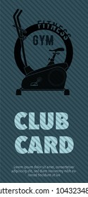 Club gym card. On a dark background the silhouette image of the exercise bike and the inscription "Club card". Vector. Vertical position