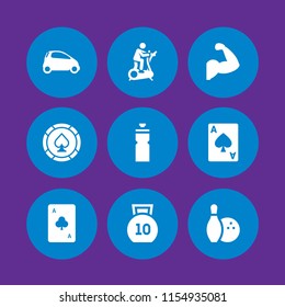 club icon. 9 club set with poker chip, mini, bowling and kettlebells vector icons for web and mobile app