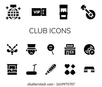 club icon set. 14 filled club icons.  Simple modern icons such as: Mirror ball, Vip, Arcade machine, Banjo, Golf, Treadmill, Gentleman, Mace, Dodge, Poker, Pub, Fitness step, Vynil