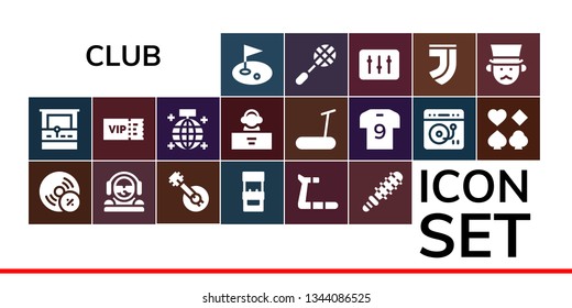 club icon set. 19 filled club icons.  Collection Of - Golf, Arcade machine, Vynil, DJ, Banjo, Treadmill, Mace, Vip, Mirror ball, Soccer jersey, Turntable, Poker, Racket, Juventus