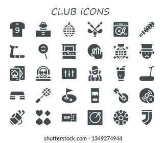 club icon set. 30 filled club icons.  Simple modern icons about  - Soccer jersey, DJ, Mirror ball, Golf, Turntable, Mace, Treadmill, Dodge, Arcade machine, Gentleman, Playing cards