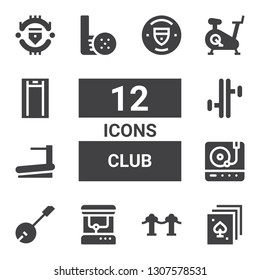 club icon set. Collection of 12 filled club icons included Poker, Red carpet, Arcade machine, Banjo, Turntable, Treadmill, Tonfa, Golf, Manchester united, Manchester city
