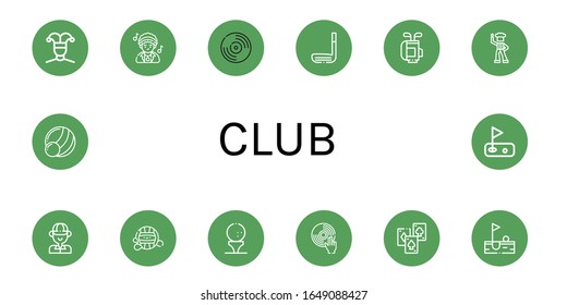 club icon set. Collection of Buffoon, Disco, Vynil, Golf stick, Golf bag, Golfer, Waterpolo, Golf ball, DJ, Playing cards, Medicine ball icons