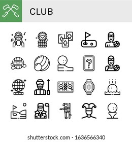 club icon set. Collection of Golf, DJ, Poker chip, Playing cards, Waterpolo, Medicine ball, Golf ball, Card game, Water polo, Mirror ball, Ski, Disc jockey, Kneepad, Golfer icons