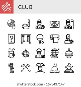 club icon set. Collection of Golf, DJ, Golf stick, Water polo, Baccarat, Golfer, Card game, Gym equipment, Ping pong, Print cylinder, Waterpolo, Golf bag, Mirror ball, Ski icons