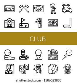 club icon set. Collection of Loyalty card, Hospice, Golf, Baccarat, Pole dance, Disco, Disc jockey, Golf cart, Golf stick, ball, Golfer, Water polo, Playing cards, DJ icons