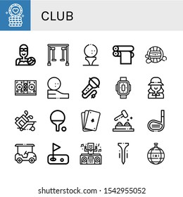 club icon set. Collection of Poker chip, Water polo, Gym equipment, Golf ball, Print cylinder, Waterpolo, Disc jockey, Karaoke, Kneepad, Golfer, Golf, Ping pong, Poker, Whack a mole icons