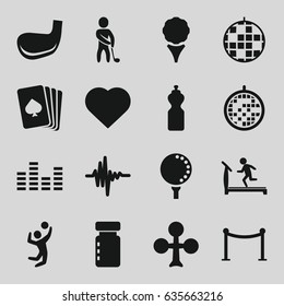 Club icons set. set of 16 club filled icons such as treadmill, pllaying card, clubs, hearts, red carpet barrier, music equalizer, equalizer, disco ball, golf player