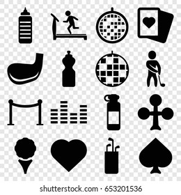 Club icons set. set of 16 club filled icons such as treadmill, spades, clubs, hearts, red carpet barrier, equalizer, disco ball, golf player, golf stick, bottle for fitness