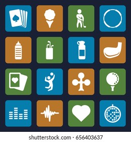 Club icons set. set of 16 club filled icons such as pllaying card, clubs, hearts, spades, music equalizer, equalizer, disco ball, golf player, volleyball player, golf ball