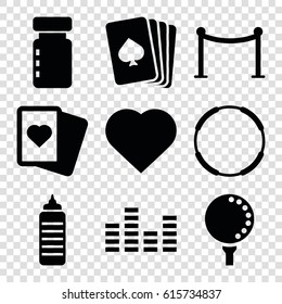 Club icons set. set of 9 club filled icons such as pllaying card, Hearts, Red carpet barrier, Spades, equalizer, golf ball, bottle for fitness, fitness bottle