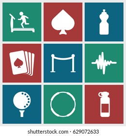 Club icons set. set of 9 club filled icons such as treadmill, pllaying card, Spades, Red carpet barrier, music equalizer, golf ball, bottle for fitness, fitness bottle