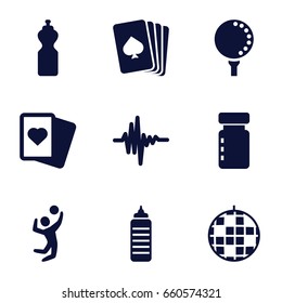 Club icons set. set of 9 club filled icons such as pllaying card, spades, music equalizer, volleyball player, golf ball, disco ball, bottle for fitness