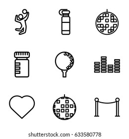 Club icons set. set of 9 club outline icons such as hearts, red carpet barrier, equalizer, disco ball, volleyball player, golf ball