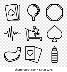 Club icons set. set of 9 club outline icons such as treadmill, pllaying card, spades, music equalizer, golf ball, golf stick, fitness bottle