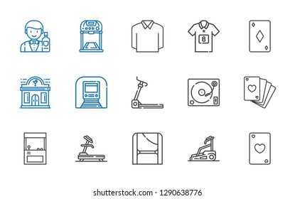 club icons set. Collection of club with ace of hearts, treadmill, toga, arcade, poker, turntable, underground, night club, ace of diamonds, football jersey. Editable and scalable icons.