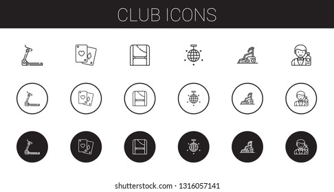 club icons set. Collection of club with treadmill, poker, toga, mirror ball, barman. Editable and scalable club icons.