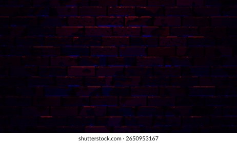 Club Light Dark Brick Wall. Purple Neon Light Wall Texture. Cyberpunk Bar or Club Interior Stone Pattern Minimal Wallpaper. Vector Illustration.