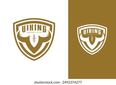 logo del club logo del fútbol americano, letra en V de cuernos con bola espacial negativa y escudo con Ilustración vectorial de letras vikingas	
