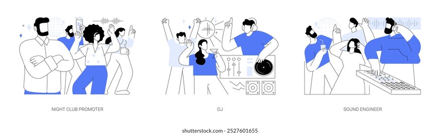 Club management isolated cartoon vector illustrations set. Night club promoter, hosting a party, professional DJ in headphones mixing music in nightclub, sound engineer job vector cartoon.