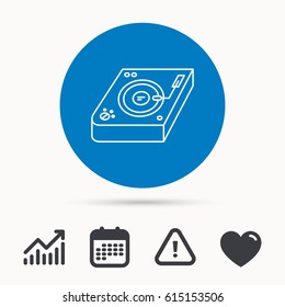 Club music icon. DJ track mixer sign. Vinyl mixing symbol. Calendar, attention sign and growth chart. Button with web icon. Vector