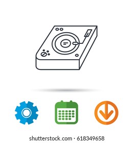 Club music icon. DJ track mixer sign. Vinyl mixing symbol. Calendar, cogwheel and download arrow signs. Colored flat web icons. Vector