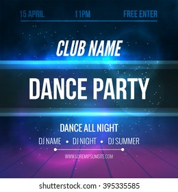 Club music Poster Template. Night Dance Party flyer.  Club music design template on dark colorful background. Illuminated Stage.