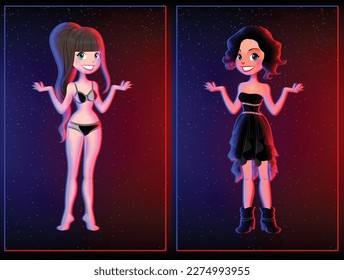 club night highlight cartoon girls in black and red dress outfit business 