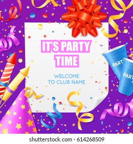 Club party announcement invitation colorful poster card template with confetti and festive decorations on purple background vector illustration