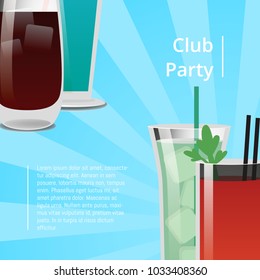 Club party poster with bloody mary cocktail, whiskey or vodka cola, blue lagoon and mojito beverage in transparent glasses vector on orange backdrop