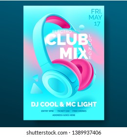 Club poster with headphones, dance party, flyer, invitation, banner template, dj music event, colorful blue and pink headphones, vector illustration.