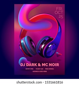 Club Poster With Headphones, Dance Party, Fluid Design Flyer, Invitation, Banner Template, Dj Music Event, Colorful Dark Blue And Red Headphones, Vector Illustration.