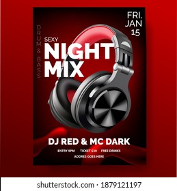 Club Poster With Headphones, Dance Party, Fluid Design Flyer, Invitation, Banner Template, Dj Music Event, Black And Dark Red Headphones, Vector Illustration.