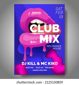 Club poster with pink lips, dance party, fluid design flyer, invitation, banner template, dj music event, vector illustration