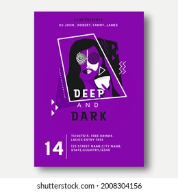 Club Presents Deep And Dark Party Template Design In Purple Color.