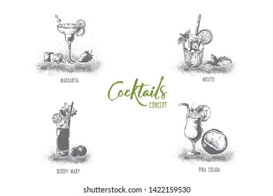 Club recreation, beverage glasses with margarita, mojito, bloody mary and pina colada, bar banner. Summer cocktails, exotic alcohol drinks concept sketch. Hand drawn vector illustration
