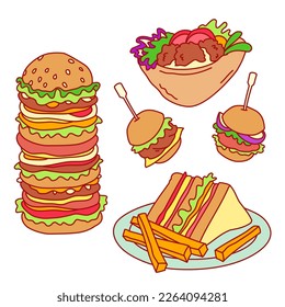 Club sandwich, burger, falafel. Colorful hand drawn vector illustrations set isolated on background. Outline stroke is not expanded, stroke weight is editable