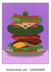 A club sandwich featuring a whole pickle.