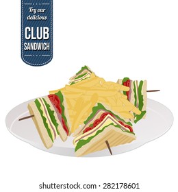 Club sandwich and french fries on white background, vector illustration